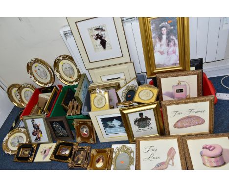 FOUR BOXES AND LOOSE ASSORTED DECORATIVE PICTURES etc to include print reproduction of classic portraits, modern illustrative