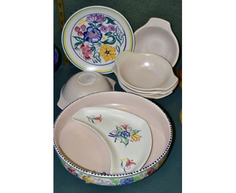 A SMALL GROUP OF POOLE POTTERY, comprising of Traditional ware 1950's/60's backstamp, low bowl, marked E/BN 111 to base, diam