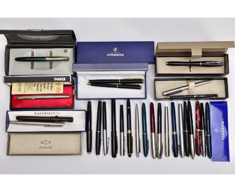 A TRAY OF VINTAGE AND MODERN FOUNTAIN PENS, including a 1950's Parker Vacumatic in grey stripe (fill mech has pressure), a 51