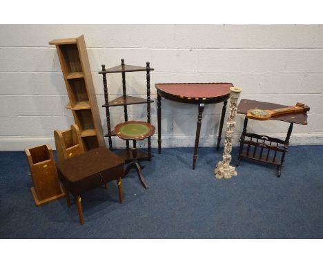 A QUANTITY OF OCCASSIONAL FURNITURE to include a mahogany demi lune table, magazine rack, what not, wine table, barometer, pi