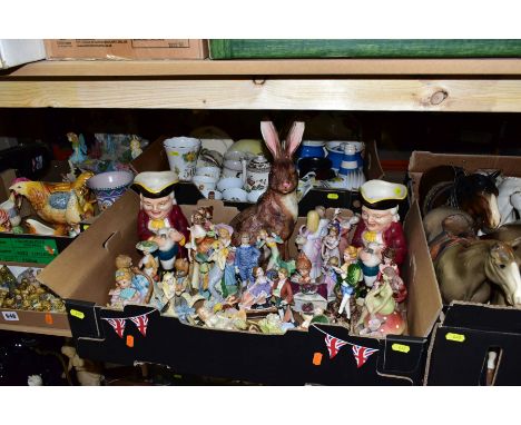 FIVE BOXES OF CERAMICS AND LOOSE, including a collection of over forty Wade Whimsies, s.d, a Poole Pottery Leo the Lion desig