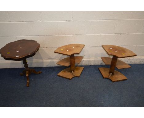 A PAIR OF WALNUT TWO TIER SPEAKER STANDS and a reproduction occasional pedestal table (3)