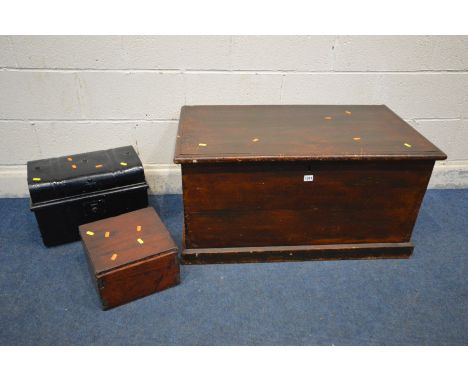 AN EARLY 20TH CENTURY STAINED PINE BLANKET CHEST, with twin handles, width 94cm x depth 52cm x height 48cm, together with a s