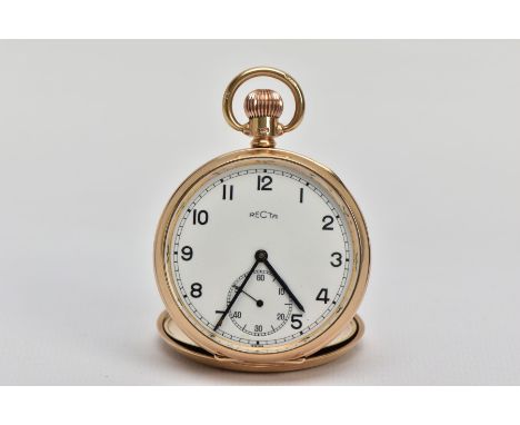 AN EARLY 20TH CENTURY RECTA 9CT GOLD POCKET WATCH, measuring approximately 45mm in diameter, white enamel dial, Arabic numera