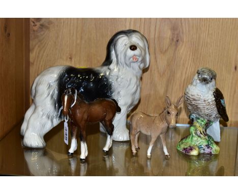 THREE BESWICK ANIMALS/BIRD AND A MELBA WARE OLD ENGLISH SHEEPDOG, the Beswick comprising Shire Foal (small), model No 1053, b