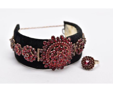 A VICTORIAN GARNET CLUSTER BRACELET AND A GARNET CLUSTER RING, the gold plated bracelet designed with a central large flower 