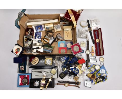 A BOX OF MISCELLANEOUS ITEMS, to include a silver gilt pin badge in the form of a dog, hallmarked Birmingham, novelty 'Elvis'