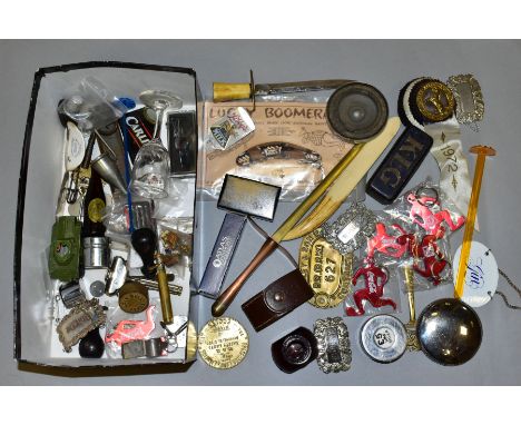 A SMALL BOX OF MISCELLANEOUS ITEMS, to include bottle labels (sherry, whisky, gin), papier mache snuff, eye glass, Coca-Cola 