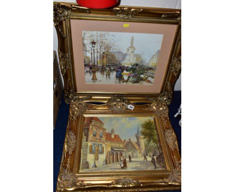 G SCHROTER (20TH CENTURY),  a historic continental street scene with figures, signed bottom right oil on board, gilt framed, 