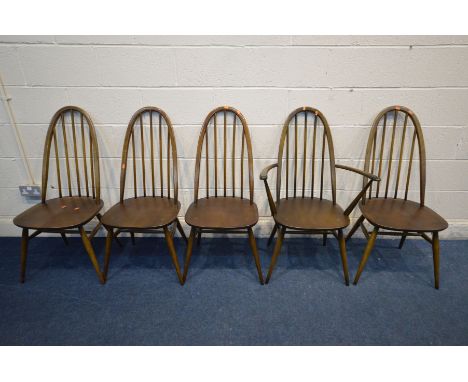 A SET OF FIVE ERCOL QUAKER BACK CHAIRS, including one carver, four with original seat pads