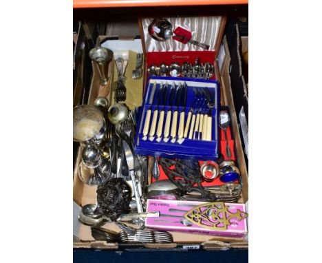 A BOX OF SILVER PLATED, STAINLESS STEEL AND OTHER CUTLERY, etc, including cased and loose flatware, a cast iron inkwell, silv