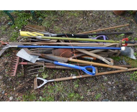 A LARGE COLLECTION OF GARDEN HAND TOOLS, to include forks, spades, rakes, etc