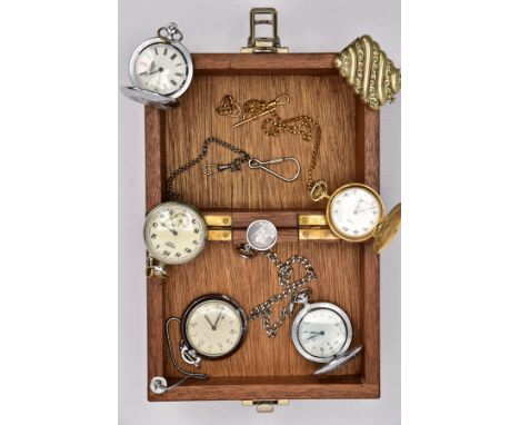 A WOODEN BOX OF NOVELTY POCKET WATCHES AND A VESTA, the wooden box approximate dimensions 18cm x 13.5cm x 10.8cm, together wi