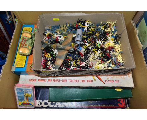 A QUANTITY OF ASSORTED TOYS, to include boxed Meccano Set No.3 (1970's era), boxed Dinky Builder Set No.2, boxed Bell's Loony