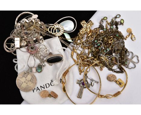 A BAG OF ASSORTED YELLOW AND WHITE METAL JEWELLERY, to include two yellow metal bangles each with a dolphin design, stamped '