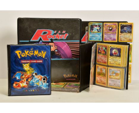 A QUANTITY OF POKEMON CARDS, cards from Base Set, Base Set 2, Jungle, Fossil and Team Rocket sets, stored in two booklets and