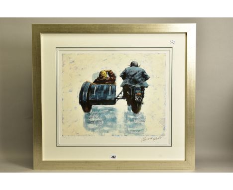 ALEXANDER MILLAR (SCOTTISH 1960) 'THE GREAT ESCAPE' a limited edition print of a man and woman riding a motorcycle combinatio