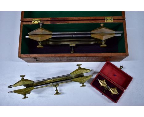THREE WATCH MAKERS CLOCK DEPTHING TOOLS, all brass with steel rods and fittings, two with boxes, largest measuring approximat