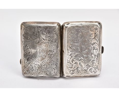A GEORGE V SILVER CIGARETTE CASE, foliage engraved design, engraved shield shaped cartouche, push pin clasp, opens to reveal 