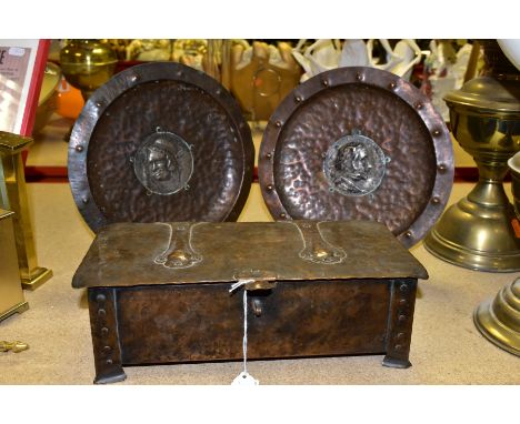 A PAIR OF EARLY 20TH CENTURY CIRCULAR COPPER PLAQUES AND AN ARTS &amp; CRAFT STYLE COPPER BOX, the plaques with an embossed p