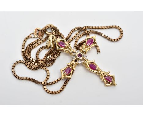 A 9CT GOLD RUBY AND DIAMOND PENDANT AND CHAIN, the cross pendant set with five marquise shape rubies and four single cut diam