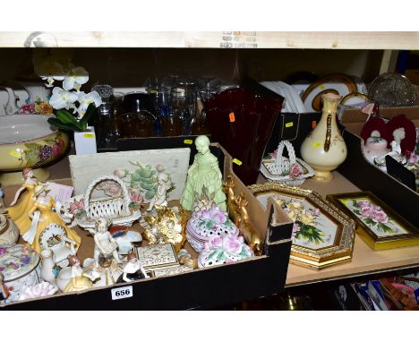 FOUR BOXES AND LOOSE CERAMICS, GLASSWARE, etc, including Leonardo Collection figurines, two Capodimonte floral wall plaques, 