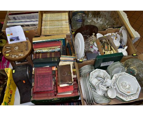 SIX BOXES AND LOOSE CERAMICS, GLASS, BOOKS, VINYL RECORDS, etc to include Johnson Bros 'Eternal Beau' part dinner service, Ch