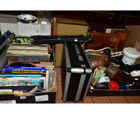 THREE BOXES AND LOOSE OF MISCELLANEOUS ITEMS, including a cased Sanyo VM-D66P video recorder and attachments, a group of viny