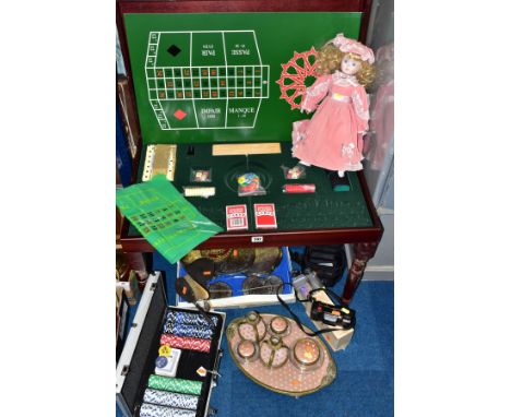 A QUANTITY OF GAMES, METALWARES, CAMERA, etc, including a mahogany finish coffee table with hinged top containing assorted in