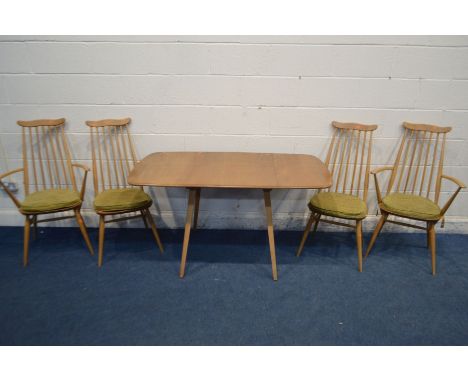 AN ERCOL MODEL 383 ELM AND BEECH DROP LEAF TABLE, open length 137cm x closed length 65cm x depth 75cm x height 72cm and four 