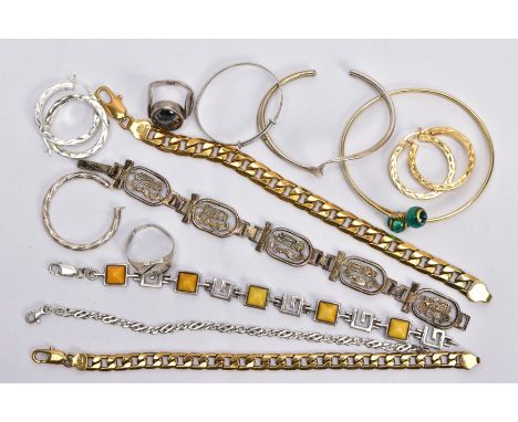 A BAG OF ASSORTED JEWELLERY, to include two gold plated curb link bracelets, each fitted with a lobster claw clasp, stamped '