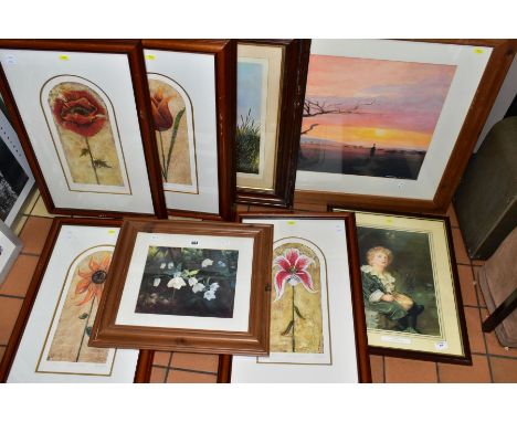 ELEVEN FRAMED PRINTS, four Kelly Jane limited edition flower prints, signed with certificates, reproduction print of The Batt