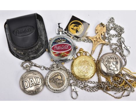 A BAG OF ASSORTED NOVELTY POCKET WATCHES, to include five novelty pocket watches with various designs and Albert chains, a 'P