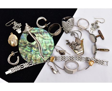 A BAG OF ASSORTED JEWELLERY, to include a white metal Greek key pattern bangle, stamped 'Sterling Silver', a pair of white me