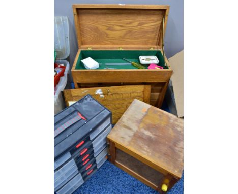 THREE STORAGE CABINETS WITH CONTENTS, to include a grey plastic six graduated drawer storage box with contents to include var