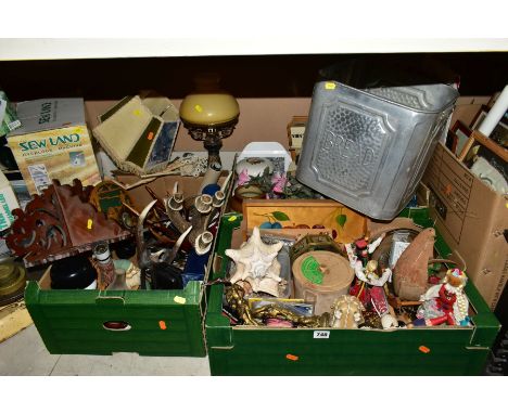 SEVEN BOXES AND LOOSE MISCELLANEOUS ITEMS, including textiles, balance scales with imperial weights (some brass Avery), horn 