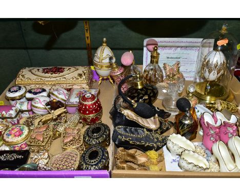 TWO TRAYS OF VARIOUS ORNAMENTS, PERFUME BOTTLES, TRINKET BOXES, ETC, to include Coalport miniature shoes, Limoges, Fabric, et