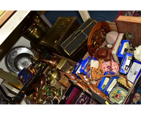 THREE BOXES AND LOOSE METAWARES, ETC, including a brass magazine rack, slipper box, two brass stick stands, a brass planter, 