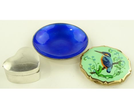 A Tiffany & Co., silver heart shaped box, 6cm across, a silver and blue enamel dish and a Stratton Kingfisher design compact,