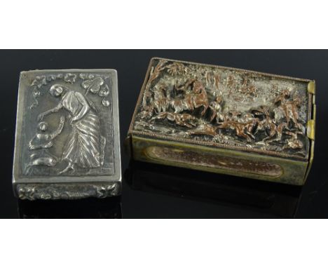 A Victorian nickel plate vesta case with cast hunting scene lid, length 6cm and a small Indian silver vesta case, (2).