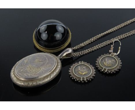 A Victorian banded agate set brooch, 33mm across, Victorian engraved silver locket and chain and a pair of Victorian gold inl