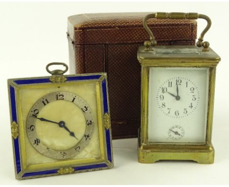 A small French brass cased carriage clock with alarm movement, height excluding handle 8.5cm and a small enamelled travelling