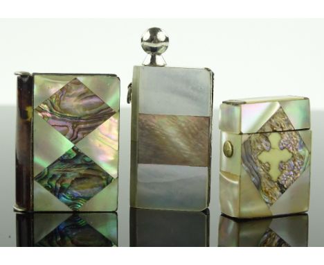 3 mother of pearl abalone and tortoiseshell vesta cases, largest length 4.5cm, (3).