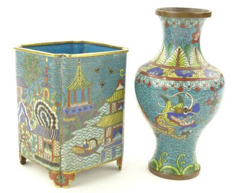 A square Cloisonne enamel brush pot, height 13cm, width 9cm and a Cloisonne enamel vase, height 17cm, (2).