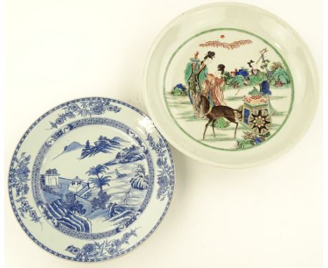 A large Chinese porcelain dish with handpainted enamel design depicting a deer drawn cart and figures in gardens, diameter 42