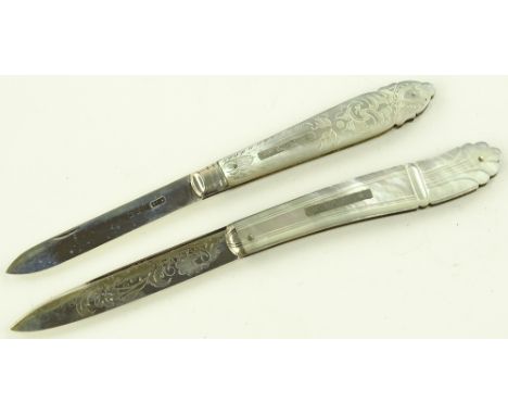 2 large 19th century silver and carved mother of pearl handled fruit knives, original fitted leather cases.