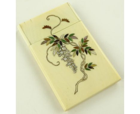 A 19th century Japanese ivory and shibyama card case, inlaid mother of pearl and hardstone birds and flowers, length 9.5cm.