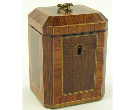 A small Antique Kingwood and Snakewood veneer tea caddy, height excluding handle 13cm, width 9.5cm.