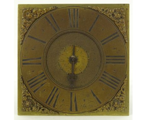 An Antique brass clock dial and movement, the 16.5cm square brass dial signed Robert Croome of Wotton, with postman's alarm a