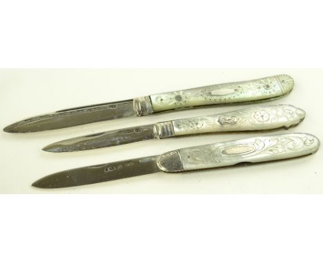 3 19th century silver and mother of pearl handled fruit knives, (3).